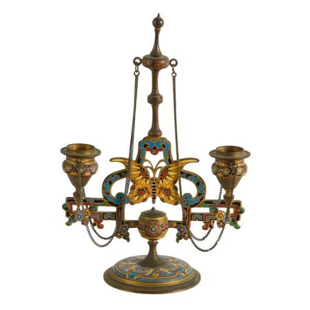 Antique Champleve Enamel Double Arm Butterfly Doré Candelabra