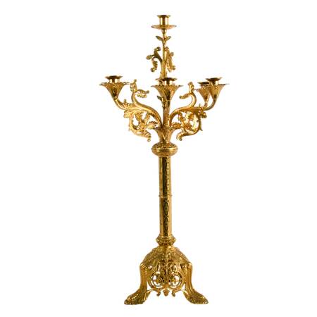 Antique Romanesque Style Brass 7-Light Altar Candelabra