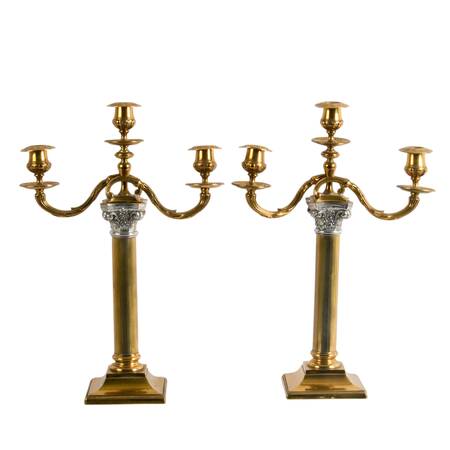 Pair of Brass Corinthian Column Candelabras with Silverplate Accents