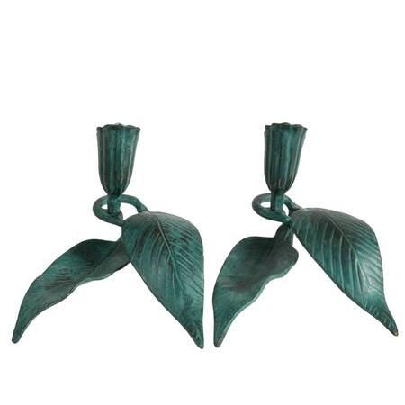 Pair of Figural Wrought Iron Green Leaf Candleholders