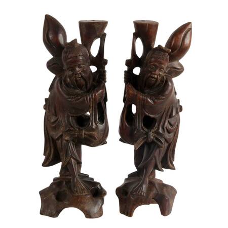 Pair of Japanese Edo Period Carved Fisherman Candlesticks