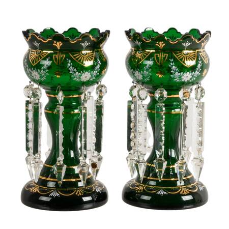 Pair of Antique Green Bohemian Glass Lusters with Hanging Crystal Prisms