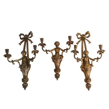 Antique Trio of French Louis XVI-Style Cherub Wall Candleholder