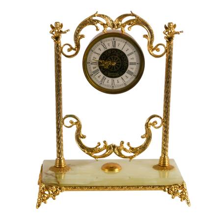 Vintage West German Gilt Metal Green Onyx Mantel Clock with Cherub Finials