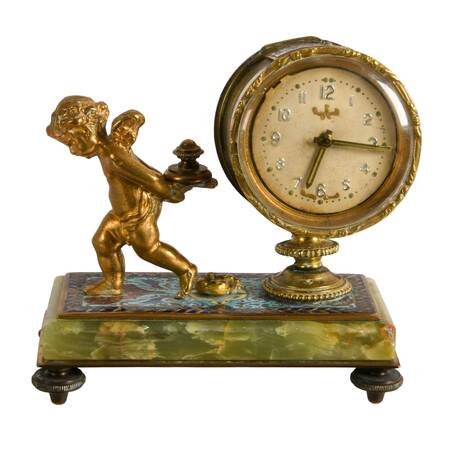 Antique French Champlevé Enamel and Ormolu Gilt Cherub Table Clock