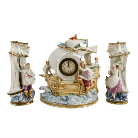 German Porcelain New Haven Figural Ship Mantel Clock Set