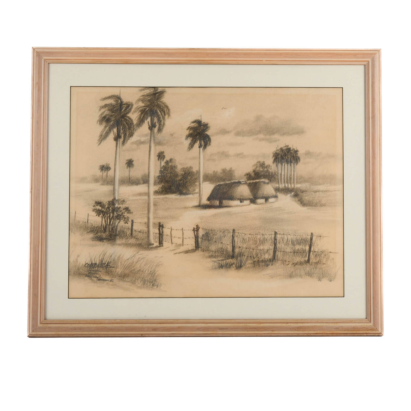 Framed Signed Tropical Island Charcoal Drawing by Carballosa