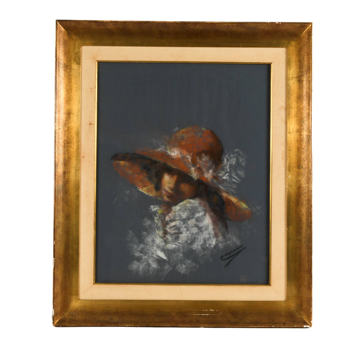 Framed Signed "Girl in Red Hat" Pastel on Paper