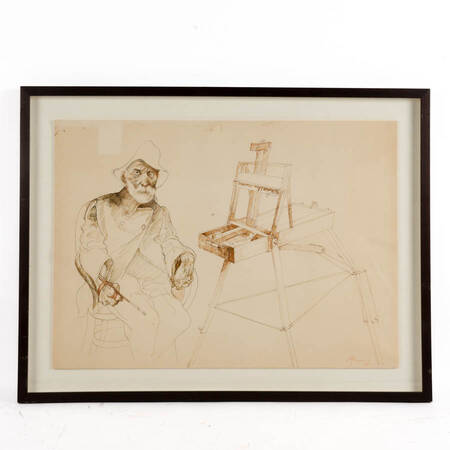 Framed Signed Carlos Alonso Self Portrait Drawing on Paper