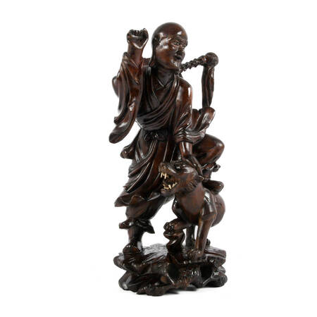 Chinese Carved Wood Man with Tiger Figure
