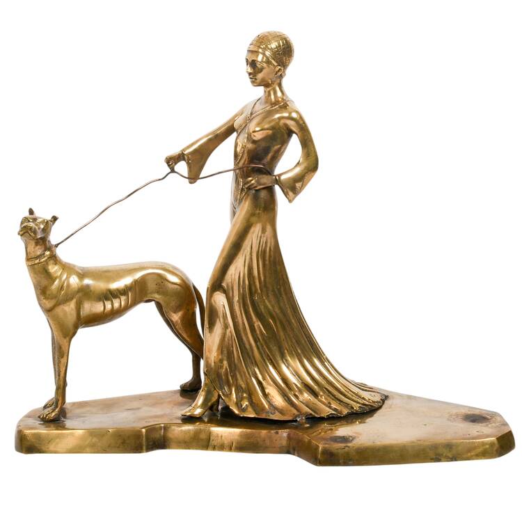 Bronze Art Deco Figural Dog and Lady Grouping Sculpture