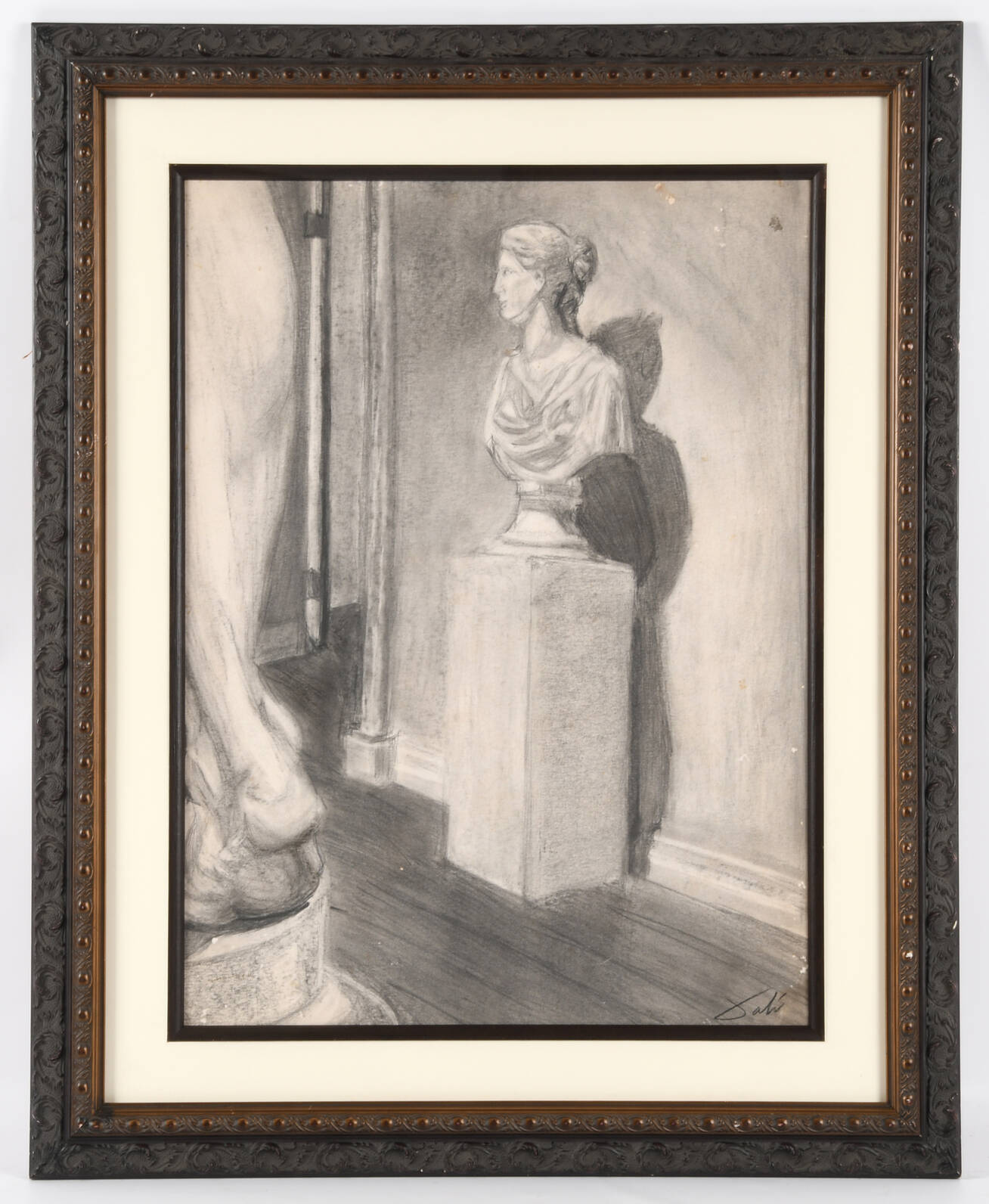Framed Signed Gallery Scene with Female Bust Charcoal on Paper