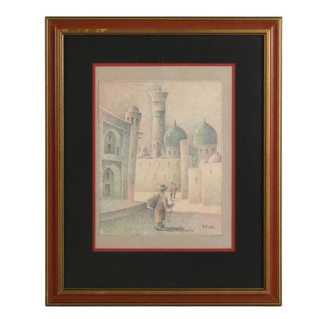 Framed Signed Islamic Architectural Drypoint Sketch