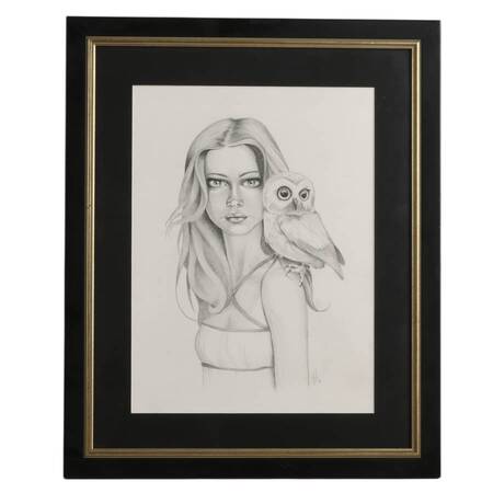 Framed "Girl with Owl" Pencil on Paper Signed by Patrick Fatica in 2012