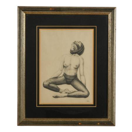 Framed Partial Nude Graphite Drawing on Paper Signed by Betül