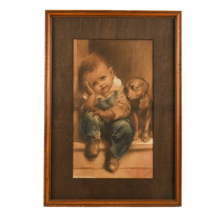 Framed Boy and His Dog Pastel on Paper Signed by Isaac "Ike" Morgan 1904