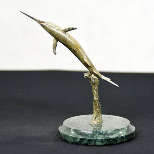 Signed John Perry Cold Patinated Bronze Jumping Marlin on Base
