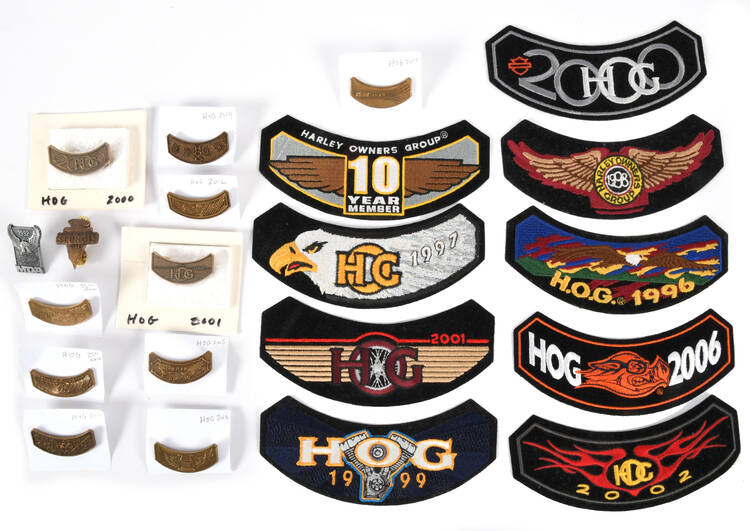 Assorted Harley Owners Hog Group Patches and Pins