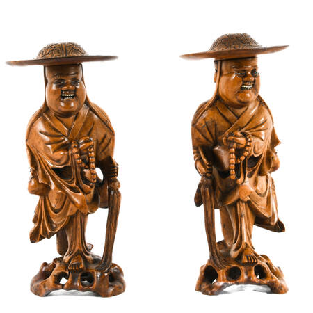 Pair of Chinese Carved Wood Immortal Travelers