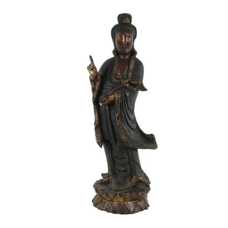 Antique Chinese Hand-Carved Wood Guan Yin on Lotus Flower