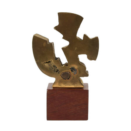 Signed Abstract Brass Sculpture on a Wooden Pedestal