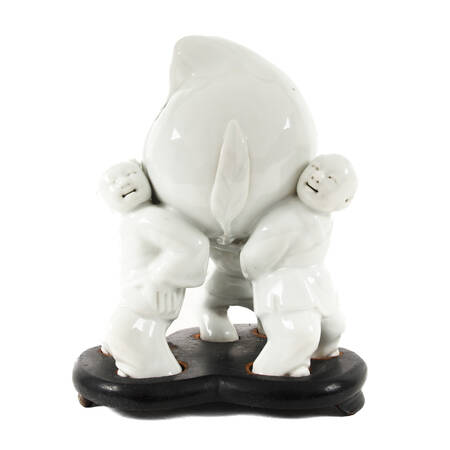 Chinese Blanc De Chine Three Children Carrying a Peach Porcelain Statue