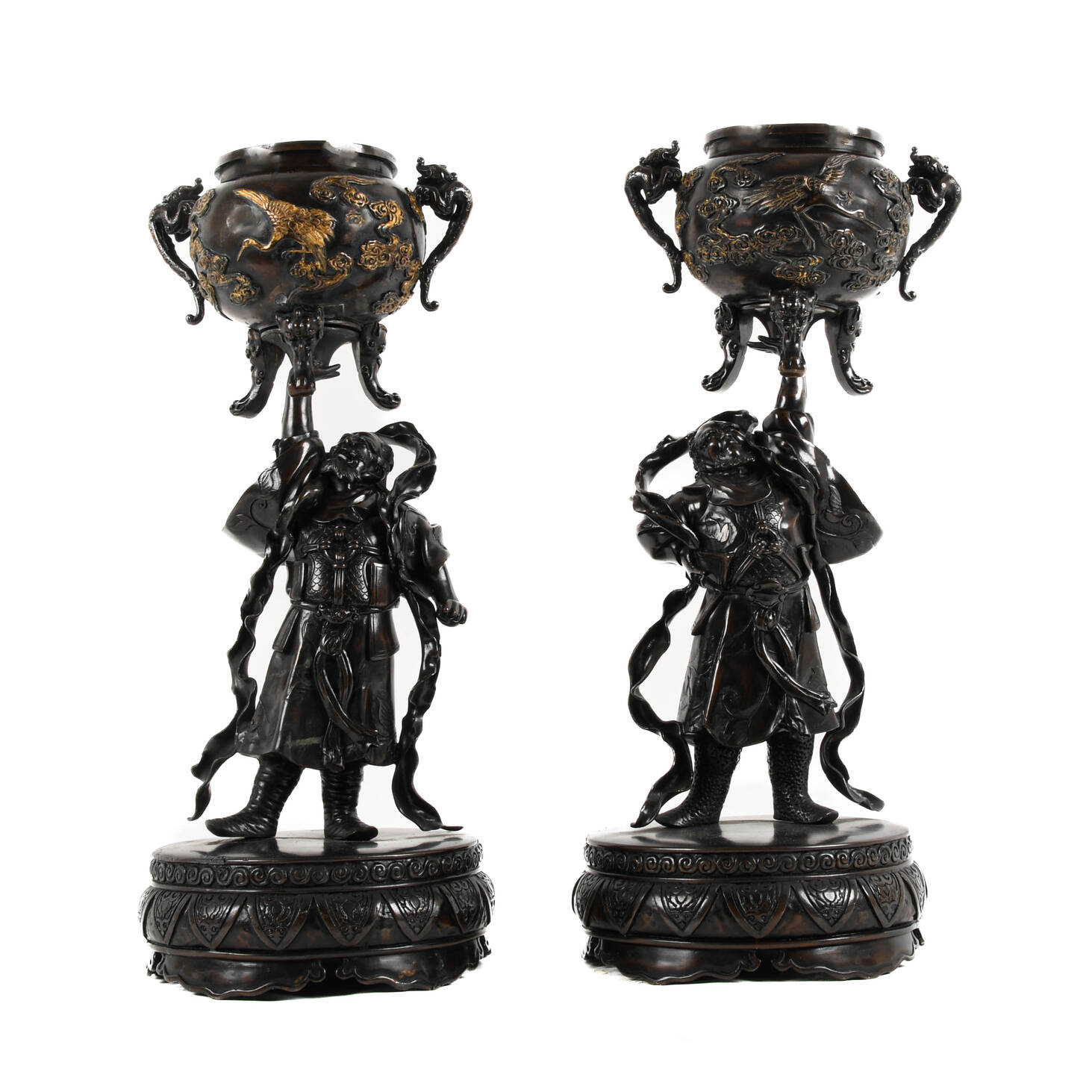 Antique Matched Pair of Japanese Warriors Lifting Footed Pots