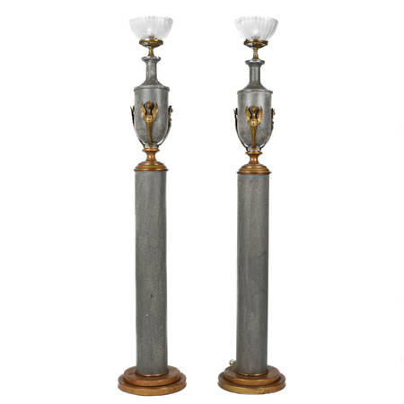 Pair of Neoclassical Floor Lamps with Etched Glass Shades