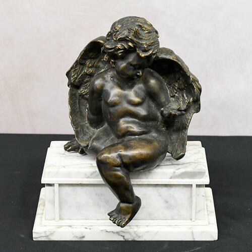 Vintage Bronze Sculpture of Cupid Sitting on a Marble Base