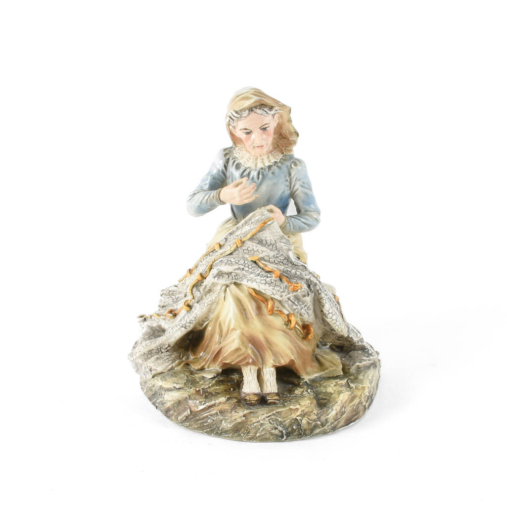 Signed Italian Old Woman Mending a Fishing Net Figure