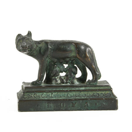 Miniature Metal Match Strike Sculpture of a She Wolf Feeding Roman Twins