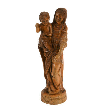 Antique Carved Wood Statuette of Holy Mother and Child