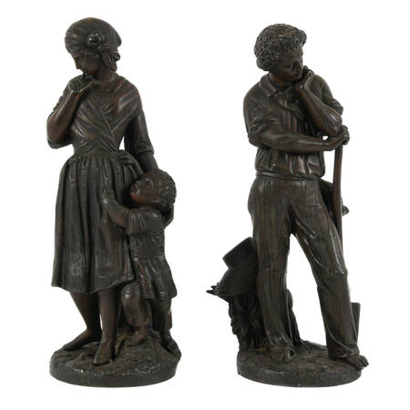 Antique Grouping of Two Bronze Statues of a Farming Family