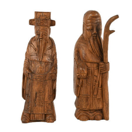 Pair of Hand-Carved Wood Chinese Wisemen