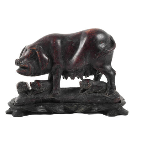 Carved Stone Sow and Piglets Sculpture on Base