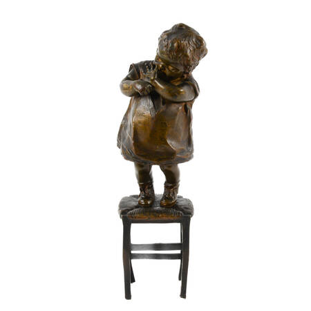 Signed Juan Clara Ayats's "Child on Stool" Bronze Sculpture