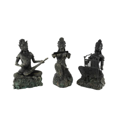 Bronze Group of Three Thai Women Musicians Seated Sculpture
