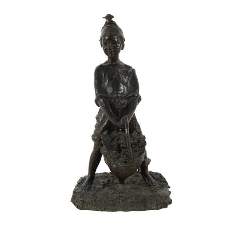 Antique Bronze Young Boy Carrying Basket