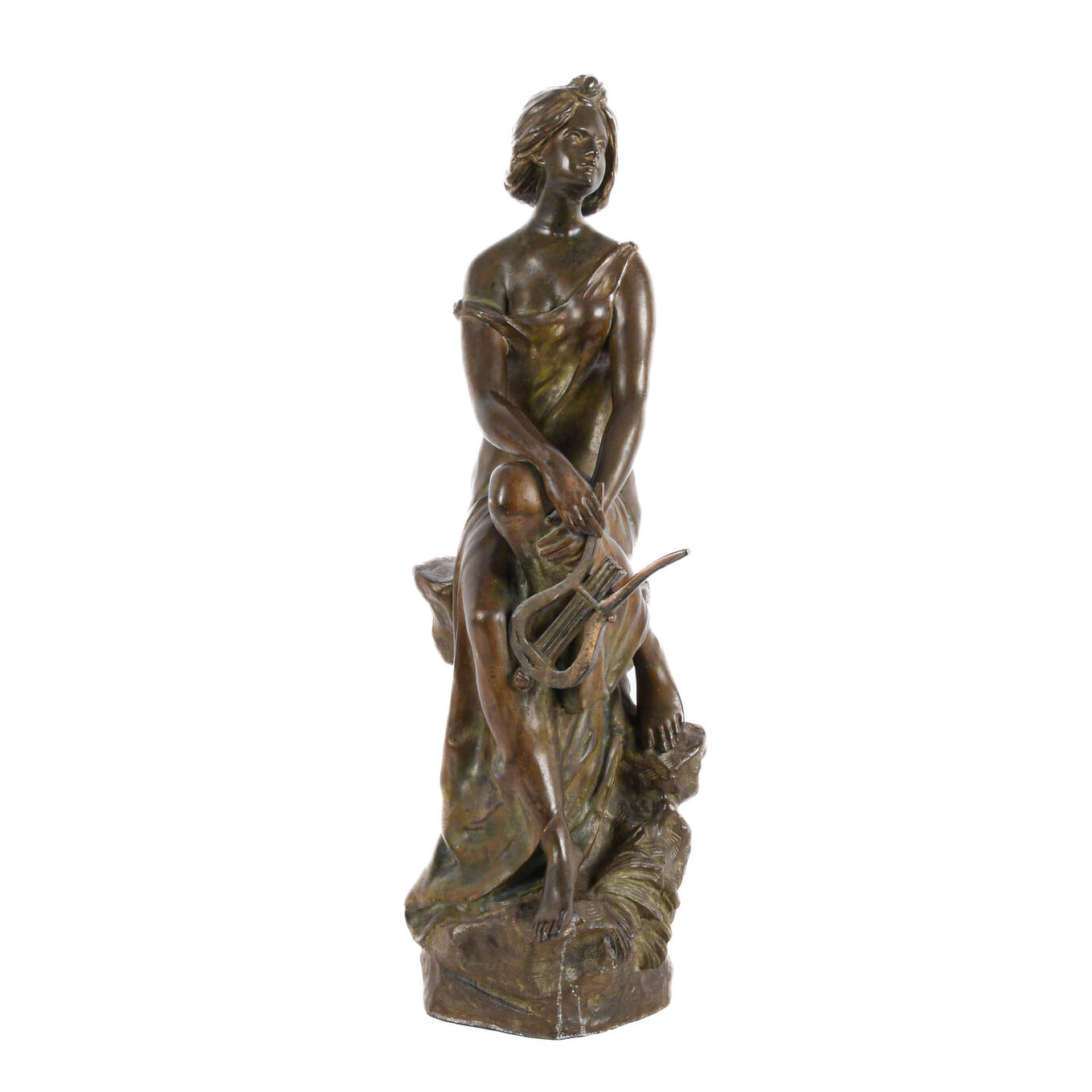 Pierre E. Daniel Campagne Bronze Seated Female with Lyra Sculpture