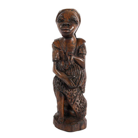 African Hand-Carved Wood Mother and Baby Sculpture