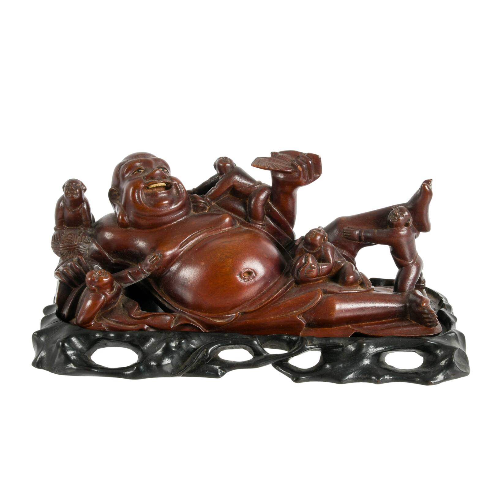 Carved Wooden Laughing Buddha Sculpture on Base