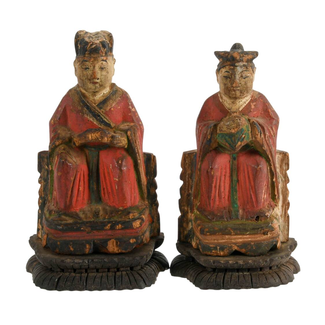 Pair of Antique Chinese Polychrome Carved Wood Altar Figures
