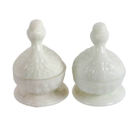 Antique Pair of Vallerysthal Opalescent Milk Glass Ducks on Nests
