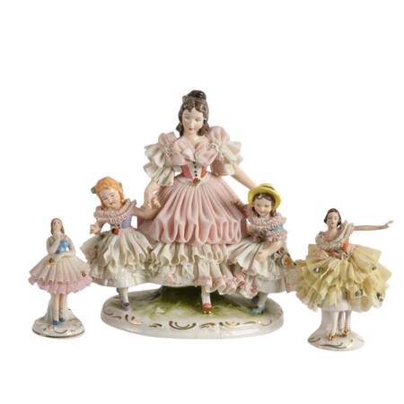 Antique Porcelain Dresden Lace Mother and Daughters Figurines