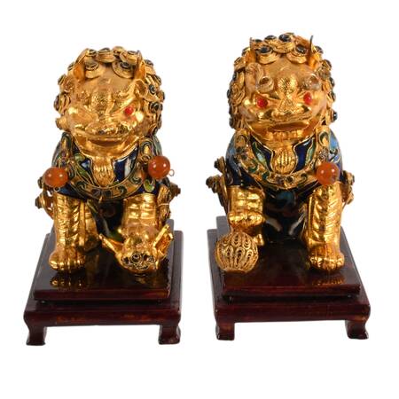 Pair of Cloisonné Copper Enamel Imperial Lions Figurines