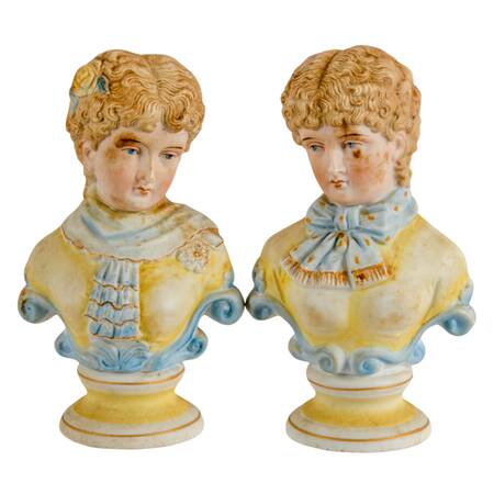 Pair of Antique German Bisque Busts of Neoclassical Ladies