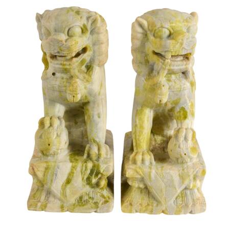 Pair of Carved Green Stone Chinese Guardian Lion Figures