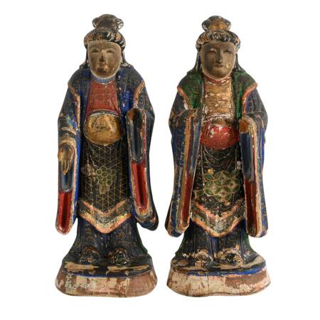 Pair of Antique Polychrome Wood Asian Figures