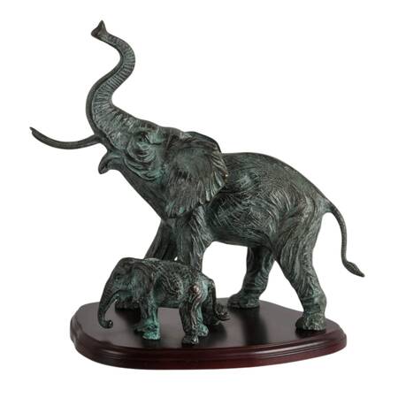 SPI Cast Bronze Mother and Baby Elephant Sculpture on Wood Base