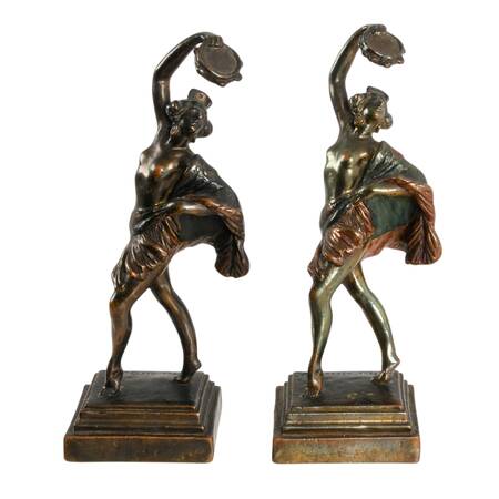 Pair of Signed Paul Herzel Bronze Spanish Tambourine Dancer Figures